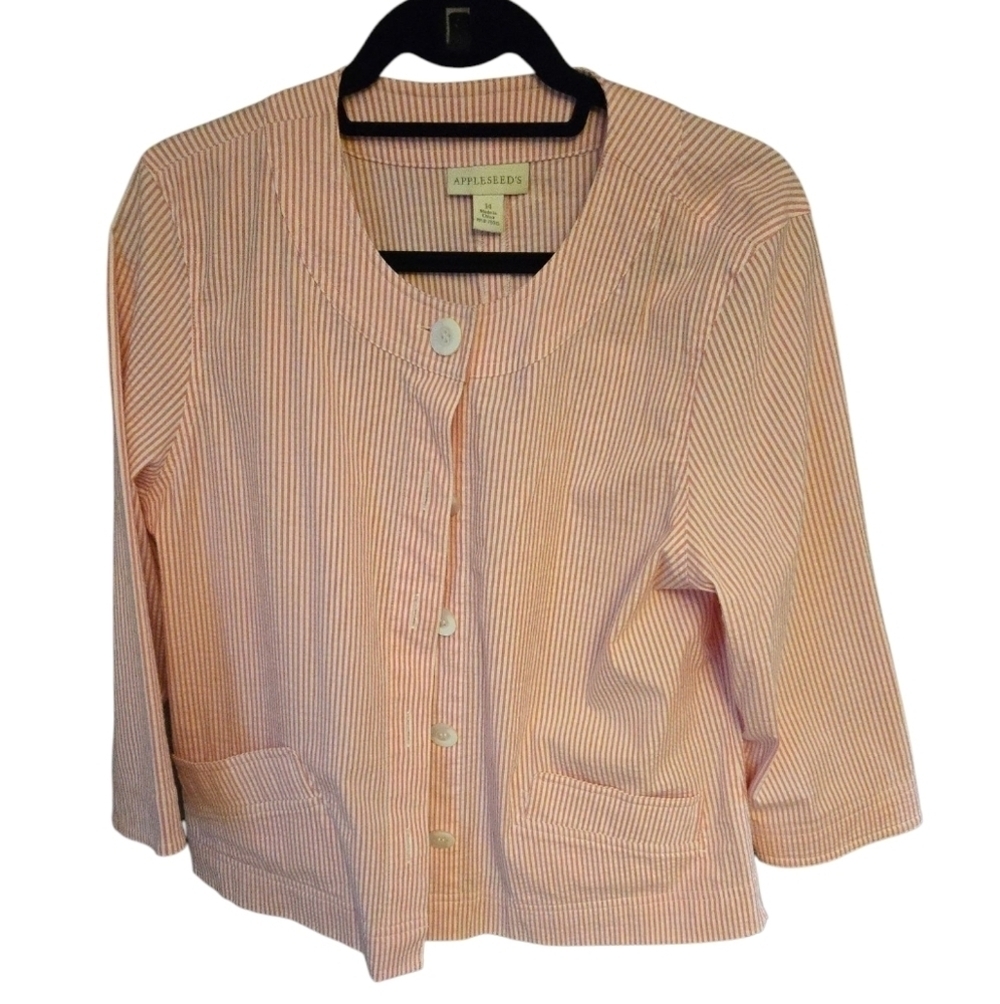 Appleseed's Pink Seersucker Striped Jacket/Blouse Prep Classy Summer Comfort